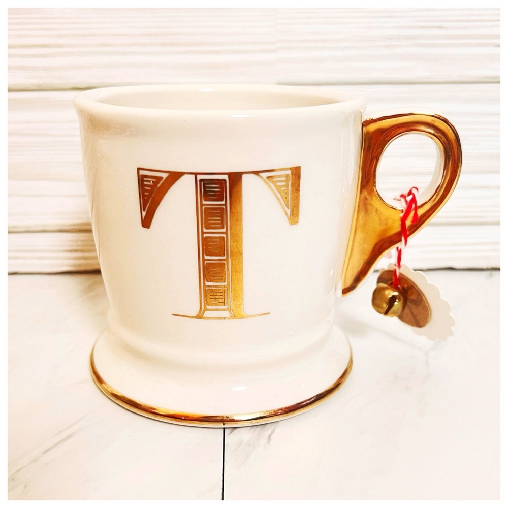 Anthropologie Limited Edition Golden Monogram Mug in Letter T—White/Gold, 13 oz